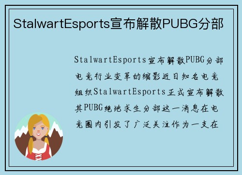 StalwartEsports宣布解散PUBG分部
