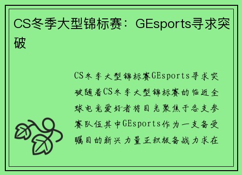 CS冬季大型锦标赛：GEsports寻求突破