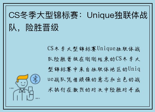 CS冬季大型锦标赛：Unique独联体战队，险胜晋级